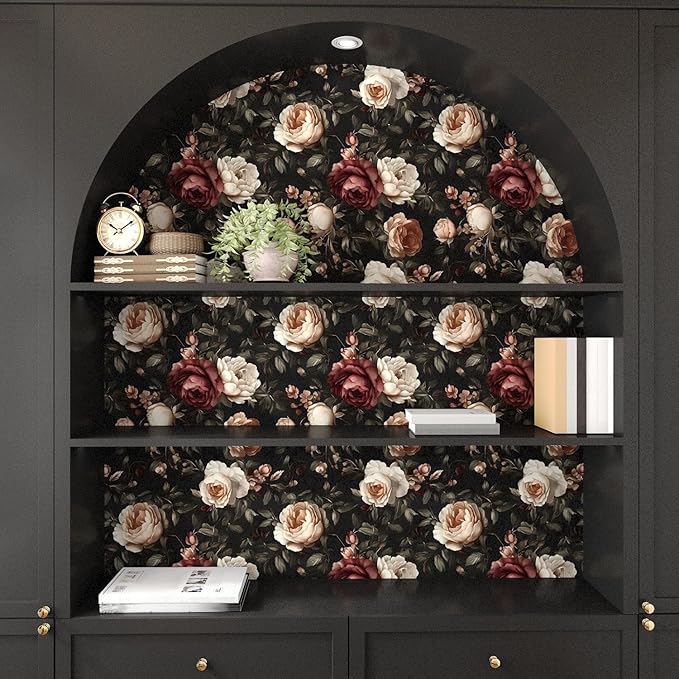 Floral Wallpaper Peel and Stick, Vintage Dark Black/White/Red Rose Contact Paper 17.5" x 197" , Retro Flowers Wall Paper Self Adhesive Waterproof Removable for Room Shelves Cabinet Drawer Table Decor