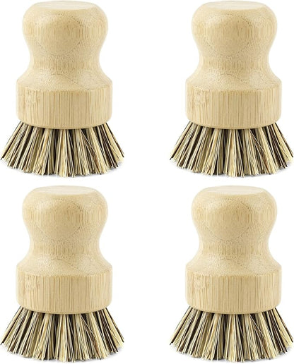 AUEAR, Natural Bamboo Dish Scrub Brush Cleaning Pot Scrubber Brushes Coconut Bristles for Cast Iron Skillet Pots Pans (4 Pack)