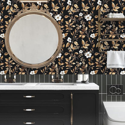 Extra Long Vintage Gold Wallpaper, 17.5" x 393" Classic Black and Gold Floral Self-Adhesive Vinyl Contact Paper for Bedroom, Powder Room, Countertop, Removable Antique Dark Metallic Home Decor