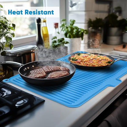 Silicone Dish Drying Mat for Kitchen Counter, Non-slip Surface and Heat-resistant Food Grade Kitchen Counter Protector with Drain Lip, Easy Clean and Storage for Multiple Usage, 23*17 inch Large Size
