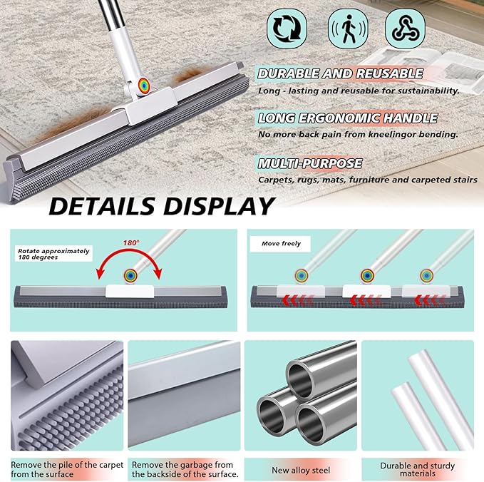 4 in 1 Carpet Rake for Pet Hair Removal with Adjustable Handle, Long Handle Dog and Cat Pet Hair Rake Set of 4, Rug Rake for Carpets, Pet Hair Broom for Carpets, Rugs, Mats, Couch, Car