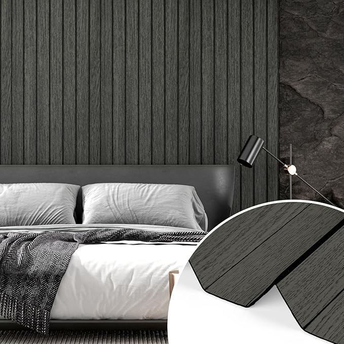 Wallercity Black/Grey Peel and Stick Wood Panels Removable 3D Wood Grain Slat Soundproof Wall Panel for Walls Self Adhesive Vinyl Wooden Fluted Wall Panels for Bedroom Bathroom RV Basement 11.7"x197"