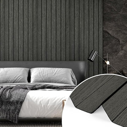 Wallercity Black/Grey Peel and Stick Wood Panels Removable 3D Wood Grain Slat Soundproof Wall Panel for Walls Self Adhesive Vinyl Wooden Fluted Wall Panels for Bedroom Bathroom RV Basement 11.7"x197"