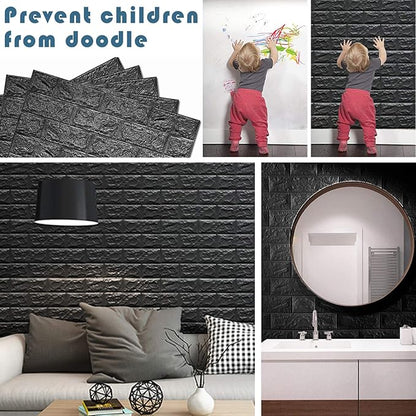 10 PCS Black 3D Wall Panels, 14.5 sq.feet Coverage, Printable Wallpaper Sticker with Self-Adhesive Waterproof Brick PE Foam Wall Panels Peel and Stick for Interior Wall Decor, Home Decoration