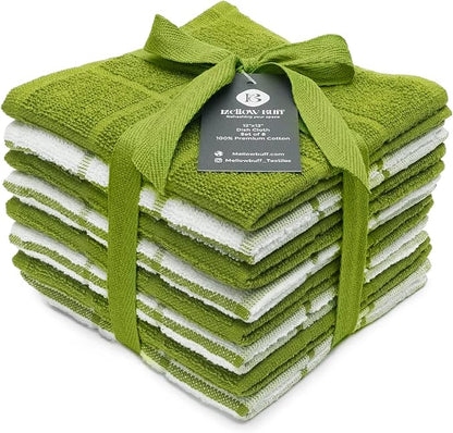 100% Cotton Terry Dish Cloth & Dish Towel, 8 Pack, Super Soft and Absorbent Kitchen Towels, Perfect for Kitchen Cleaning and Dish Washing (Green (Solid and Checks) 8 Pack)