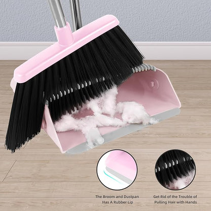 Broom and Dustpan Set, 54” Long Adjustable Household Hand Broom with Dustpan Teeth to Clean Hair Broom with Dustpan Set Heavy Duty to Clean Hair for Home Lobby Office (Pink)