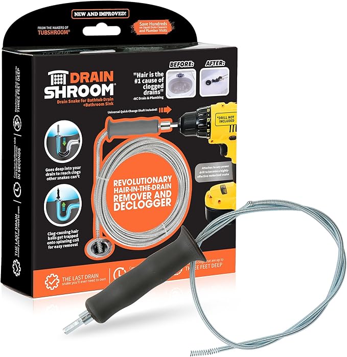 DrainShroom Reusable Sink Snake Clog Remover Tool that Attaches To Any Drill, Bathroom Bathtub Drain Cleaner Auger, Hair Catcher Drain Snake, 36 Inches Long, Stainless Steel, 1 Pack