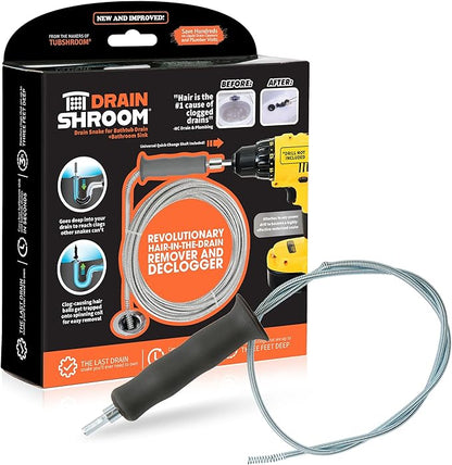 DrainShroom Reusable Sink Snake Clog Remover Tool that Attaches To Any Drill, Bathroom Bathtub Drain Cleaner Auger, Hair Catcher Drain Snake, 36 Inches Long, Stainless Steel, 1 Pack