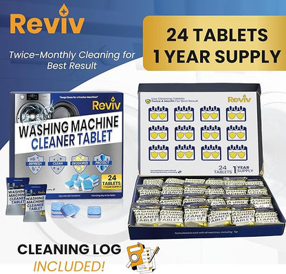 REVIV Washing Machine Cleaner Tablets – HE Compatible Descaler, 24 Count (12-Month Supply) – Septic-Safe for Front & Top Load Washers