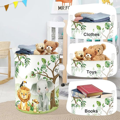 Forest Animals Laundry Hamper Woodland Tree Large Storage Basket Parents Organizer Kids Clothes Toy Bins for Bedroom, Bathroom, Elephant, 63L