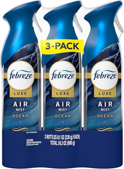 Febreze Air Mist, Luxe Air Freshener Spray, Odor Fighting Room Spray, Deodorizer for Home Bathroom Kitchen Office Apartment Dorm Room Classroom, Ocean Scent, 8.1oz (Pack of 3)