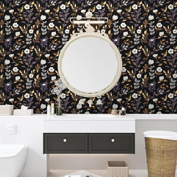 Fvlow Dark Floral Wallpaper Peel and Stick Vintage Gold Leaf Contact Paper Black Floral Wallpaper Waterproof Self-Adhesive Wall Covering for Bedroom Countertop Desk Cabinets 17.4" x 393"