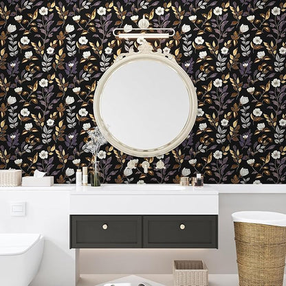 Fvlow Dark Floral Wallpaper Peel and Stick Vintage Gold Leaf Contact Paper Black Floral Wallpaper Waterproof Self-Adhesive Wall Covering for Bedroom Countertop Desk Cabinets 17.4" x 393"