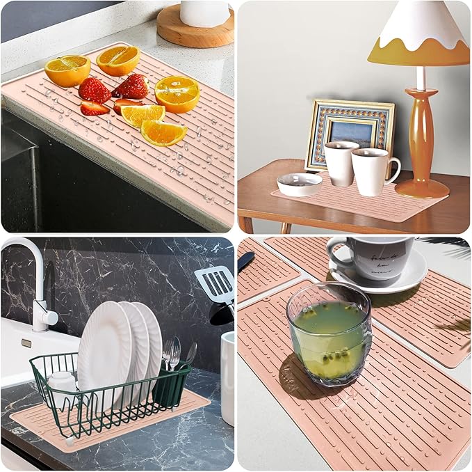 GeeRic Dish Drying Mats, Heat-resistant Silicone Mat for Kitchen Counter, Non-Slip Dish Dry Mat Dishwasher Safe Large, Pink