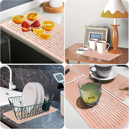 GeeRic Dish Drying Mats, Heat-resistant Silicone Mat for Kitchen Counter, Non-Slip Dish Dry Mat Dishwasher Safe Large, Pink