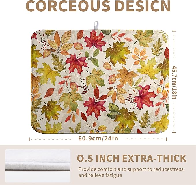 Fall Maple Leaves Dish Drying Mat for Kitchen Counter 18 x 24 Inch Autumn Thanksgiving Absorbent Reversible Microfiber Dish Draining Mat Washable Dish Drainer Rack Mat for Coffee Bar