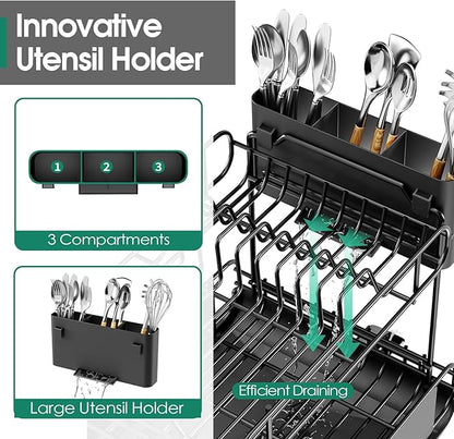 Urackify Dish Drying Rack for Kitchen Counter, Expandable 2 Tier Dish Rack, Large Capacity Dish Drainer with Drainboard Multifunctional Dish Strainer with Removable Cutlery Holder Black