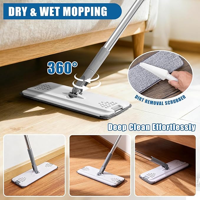 Flat Mop and Bucket Set with Floor Squeegee, Heavy Duty Scrub Brush, 2 Washable Reusable Microfiber Pads, for Tile Hardwood, Wall Cleaning, Home Indoor or Outdoor Cleaning (White-Gray)
