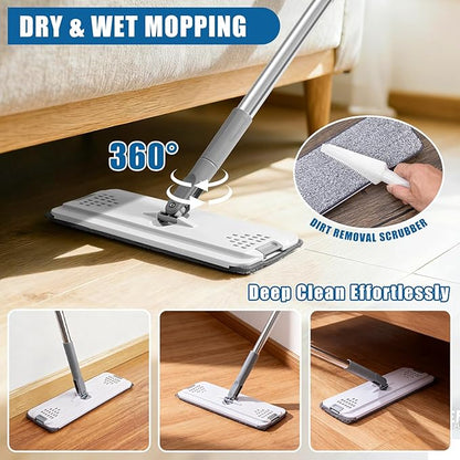 Flat Mop and Bucket Set with Heavy Duty Scrub Brush, 2 Washable Reusable Microfiber Pads, for Tile Hardwood, Wall Cleaning, Home Indoor or Outdoor Cleaning (White-Gray)