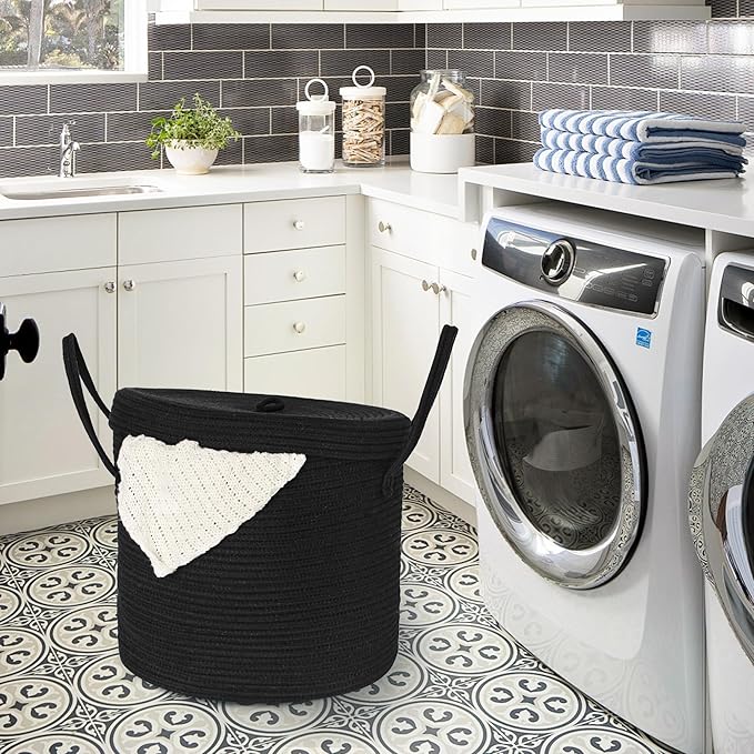 15" X 13" Large Black Basket with Lid, Cotton Rope Storage Basket for Blanket, Toy, Pillow, Towel, Laundry, Wicker Living Room Bedroom Storage Bin, Black Woven Organizing Basket with Cover