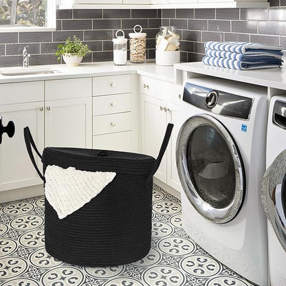 15" X 13" Large Black Basket with Lid, Cotton Rope Storage Basket for Blanket, Toy, Pillow, Towel, Laundry, Wicker Living Room Bedroom Storage Bin, Black Woven Organizing Basket with Cover