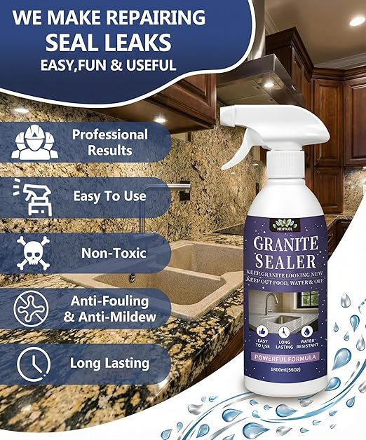 Meuvcol Granite Sealer & Protector Spray - 35 Oz Marble Sealer for Quartz, Quartzite, Stone, Granite Countertops - Prevents Water Spots & Oil Stains - Non-Toxic Stone Care for Kitchen, Bath & Shower
