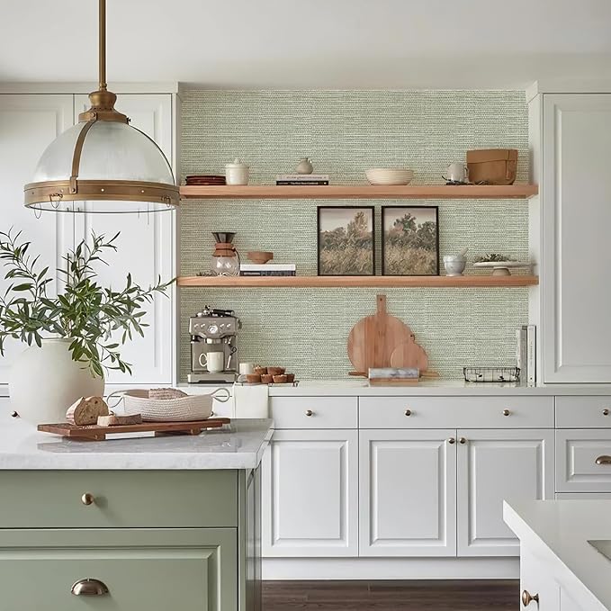Simon&Siff Green Textured Grasscloth Peel and Stick Wallpaper 17.7"x118" Neutral Faux Grassweave Wallpaper Waterproof Self Adhesive Removable Wallpaper Mural for Home Decor Bedroom Kitchen Cabinet
