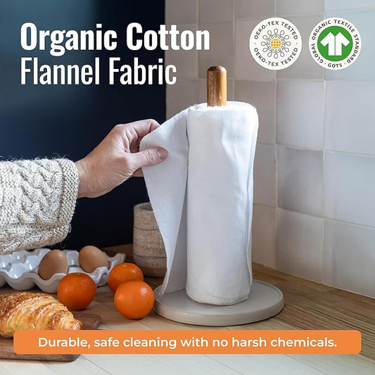 Zero Waste Reusable Paper Towels, Organic Cotton Flannel Wipes for Kitchen, Bathroom, Hand Drying, Pet Messes, and Counter Cleaning, White, 24-Pack Gift Set