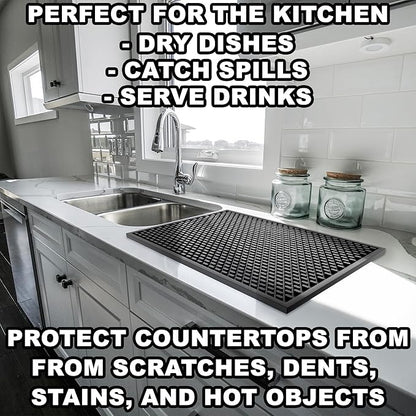 AXIESO 2 Pack Silicone Bar Mat - 1/2 Inch Thick Heat-Resistant and Food Safe Drip Mat - Spill Mats for Counter Top - Kitchen Service Mat, Coffee Bar, Restaurant - Drying Mat - 18 x 12 Inches