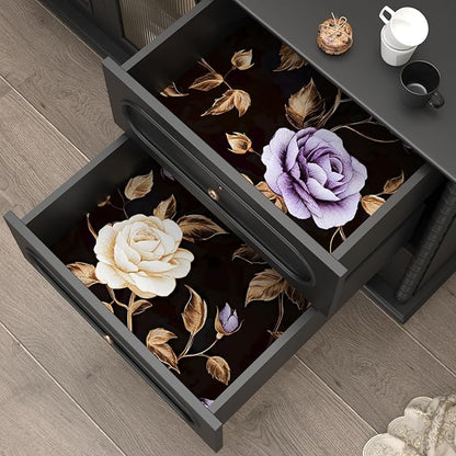 Laatse Golden Floral Wallpaper Peel and Stick Vintage Purple Gold Rose Contact Paper Self Adhesive Removable Retro Dark Flower Wall Mural for Bedroom Walls Shelves Cabinet Table Decor 17.5" x 118"