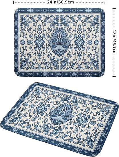 Boho Floral Blue Dish Drying Mat for Kitchen Counter 18x24 Vintage Chinoiserie Flower Print Absorbent Reversible Microfiber Drying Mats Kitchen Countertop Protector Dishes Drainer Rack Pad
