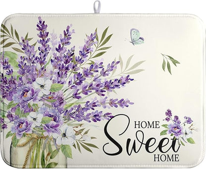 Spring Lavender Floral Dish Drying Mats Spring Summer Dish Mat Purple Flowers Butterfly Drying Matt Dishes Dryer Pad for Kitchen Counter Absorbent Microfiber Washable Foldable Reusable 18x24 in