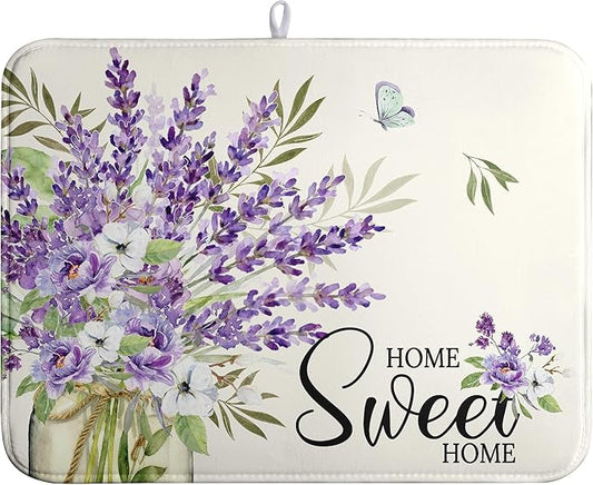 Spring Lavender Floral Dish Drying Mats Spring Summer Dish Mat Purple Flowers Butterfly Drying Matt Dishes Dryer Pad for Kitchen Counter Absorbent Microfiber Washable Foldable Reusable 18x24 in
