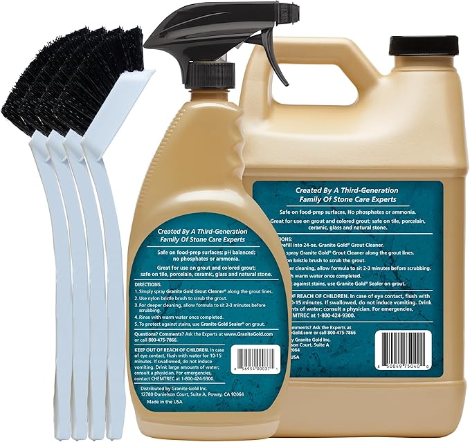 Granite Gold Grout Cleaner Spray with Brush for Stone, Ceramic, Glass & Colored Grout, 64 Fluid Ounces + 24 Fluid Ounces + 4 brushes