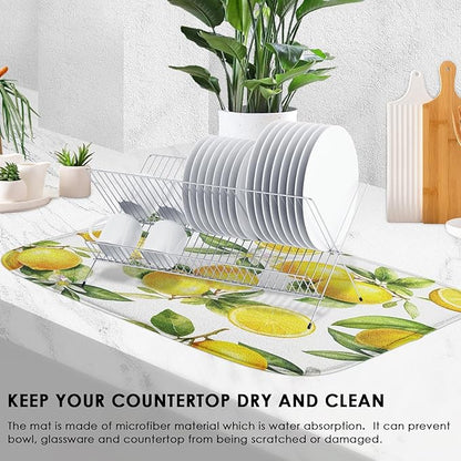 Sanwarm Absorbent Dish Drying Mat, Floral Lemon Fruits Vintage Microfiber Pad for Kitchen Counter, Coffee Bar Decor, Heat Resistant and Reversible, 16" x 18"