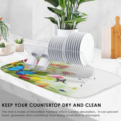 Sanwarm Absorbent Dish Drying Mat, Spring Flowers Butterflies Microfiber Pad for Kitchen Counter, Coffee Bar Decor, Heat Resistant and Reversible, 16" x 18"