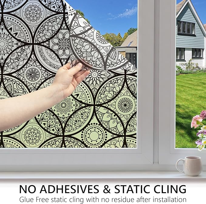DKTIE Boho Stained Glass Look Window Privacy Film with Installation Tools, Decorative Frosted Glass Window Film Static Cling No Glue Removable, Pure Black, 17.7" x 78.7"