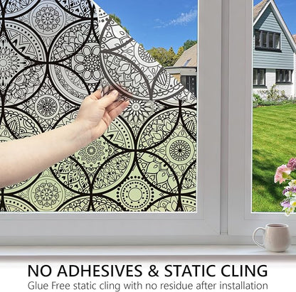 DKTIE Boho Stained Glass Look Window Privacy Film with Installation Tools, Decorative Frosted Glass Window Film Static Cling No Glue Removable, Pure Black, 17.7" x 78.7"
