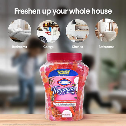 Clorox Fraganzia Crystal Beads Air Freshener, Long Lasting Room Deodorizer and Odor Eliminator Gel Beads to Freshen Home, Car, or Office, Island Escape Scent, 12 Fl Oz