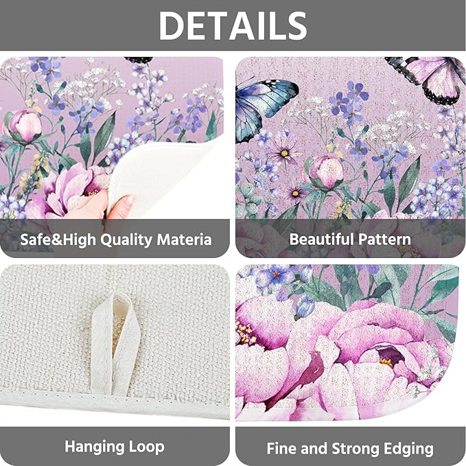 Dish Drying Mat for Kitchen Counter 18x24 Inch, Super Absorbent Dish Drainer Mat, Decorative Microfiber Dishes Drying Pad-Large(Purple Butterfly)