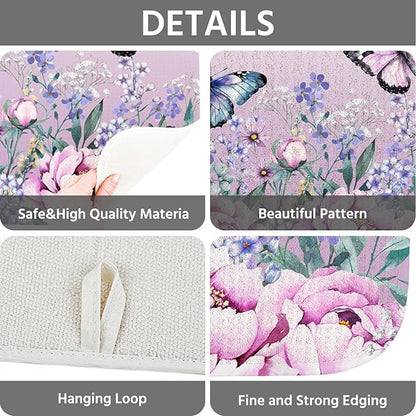 Dish Drying Mat for Kitchen Counter 16x18 Inch, Super Absorbent Dish Drainer Mat, Decorative Microfiber Dishes Drying Pad-Small(Purple Butterfly)