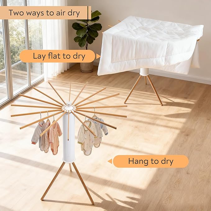 Clothes Drying Rack, Foldable Wooden Tripod Drying Rack Clothing for Small Apartments Balcony Bedroom, Portable Space Saving Laundry Rack, Floor Standing with 16 Poles for Indoor Air Drying