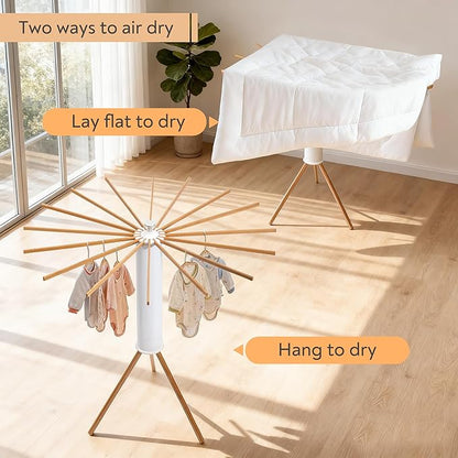 Clothes Drying Rack, Foldable Wooden Tripod Drying Rack Clothing for Small Apartments Balcony Bedroom, Portable Space Saving Laundry Rack, Floor Standing with 16 Poles for Indoor Air Drying