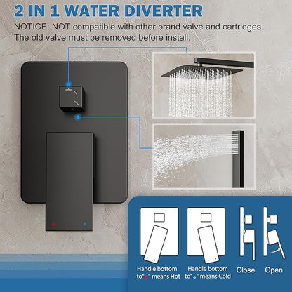 Shower System, Black Shower Faucet Set with 12-Inch Rain Showerhead and Handheld Spray, Wall Mounted High-Pressure Showerhead Combo Set Included Valve and Trim, Matte Black