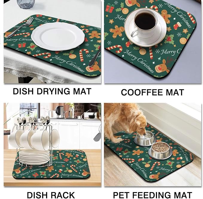 Christmas Dish Drying Mat for Kitchen Counter 2 Pack with Non-Slip Rubber Backing - Absorbent Coffee Bar Mat, Dish Rack Mat, Christmas Gingerbread Man Candy Cane Dish Drying Mats 18x24+19.5x12 inch