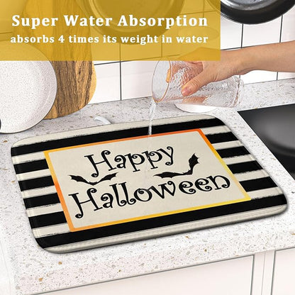 Happy Halloween Bats Dish Drying Mat for Kitchen Counter,Black and White Stripe Drying Mat 16 x 18 Inch with High Absorbent Microfiber Dish Drying Pad Dish Rack Pad Drainer Mat for Coffee Bar