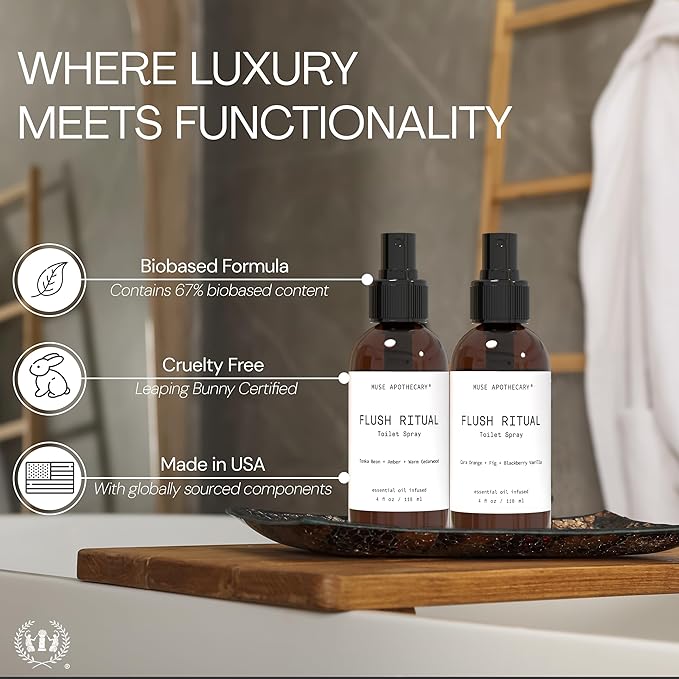 Muse Apothecary Flush Ritual - Aromatic & Refreshing Toilet Spray, Use Before You Go, 8 oz, Infused with Natural Essential Oils - Tonka Bean + Amber + Warm Cedarwood, 3 Pack
