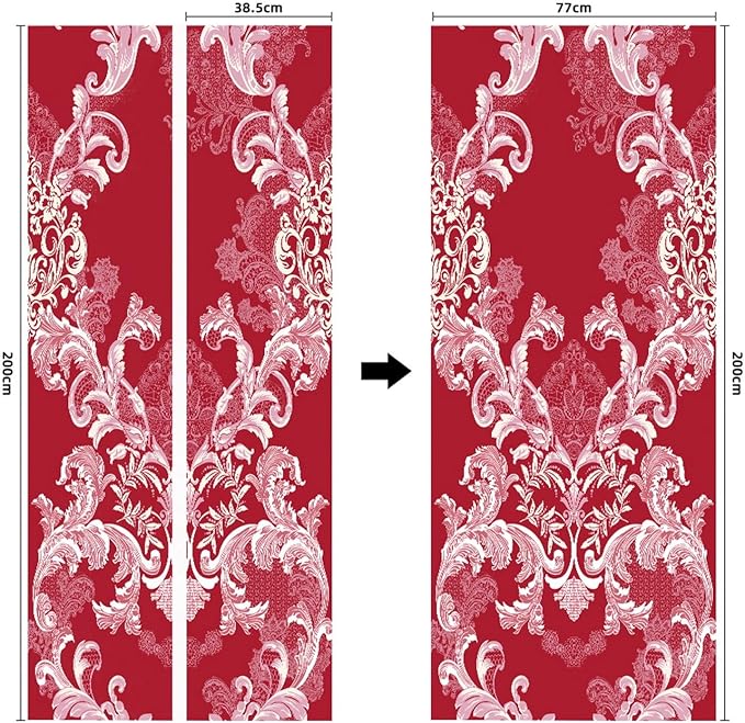 A.Monamour 3D Door Stickers for Interior Doors Damask Pattern of Flowers and Leaves in Red Color Vinyl Waterproof Self Adhesive Door Mural Decals for Bedroom Office Bathroom 77x200cm