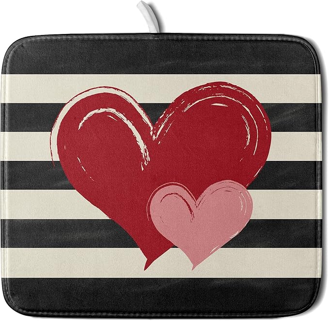 Valentines Day Dish Drying Mat for Kitchen Counter 16x18 Inch Red Pink Love Heart Black Striped Print Absorbent Reversible Microfiber Drying Mats Kitchen Countertop Protector Dishes Drainer Rack Pad
