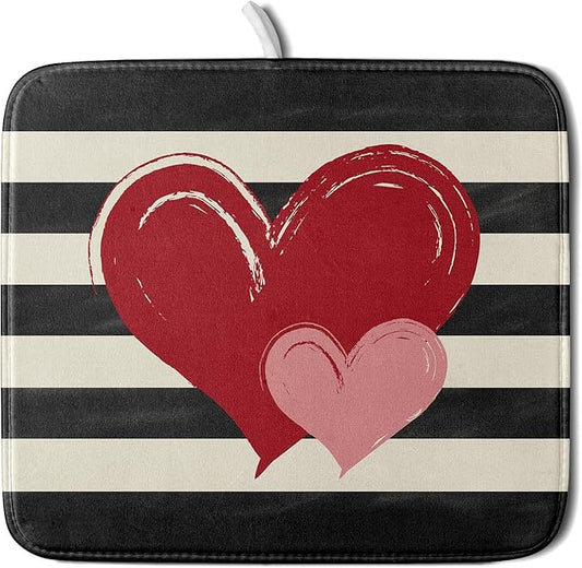 Valentines Day Dish Drying Mat for Kitchen Counter 16x18 Inch Red Pink Love Heart Black Striped Print Absorbent Reversible Microfiber Drying Mats Kitchen Countertop Protector Dishes Drainer Rack Pad